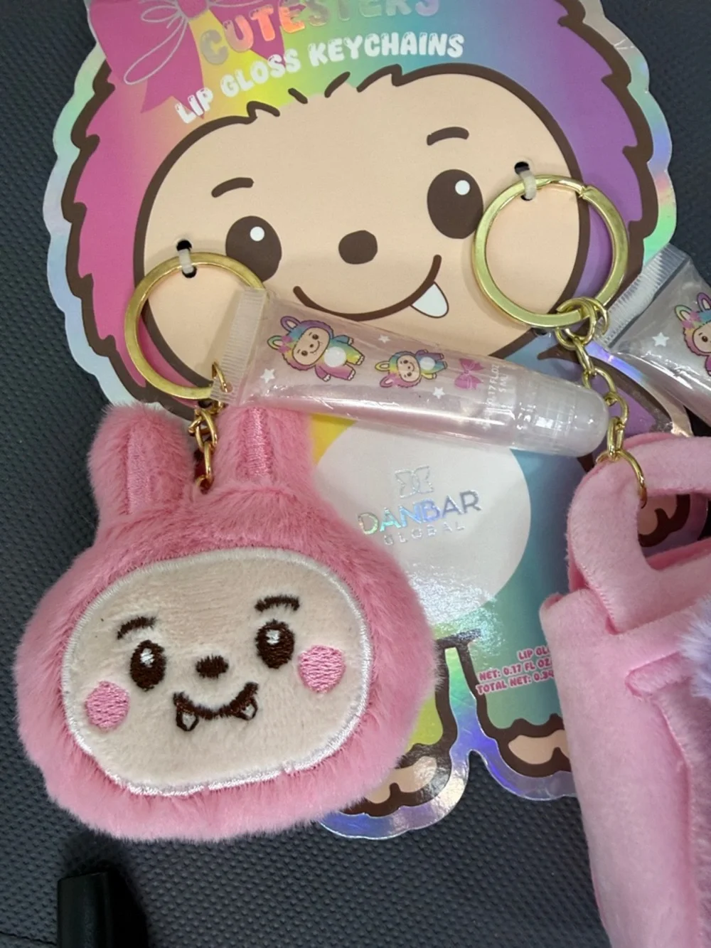 NWT 2pc Cutesters Plush bag and 2 Lip Gloss Keychain Set - Pink & Purple